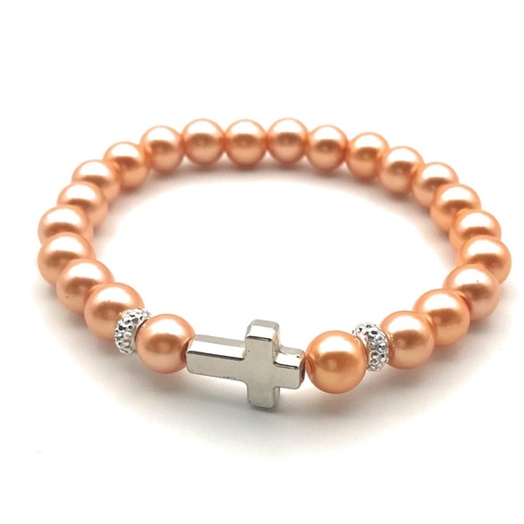 Orange Faux Pearl Side Cross Stretch Bracelet - Picture 3 of 4
